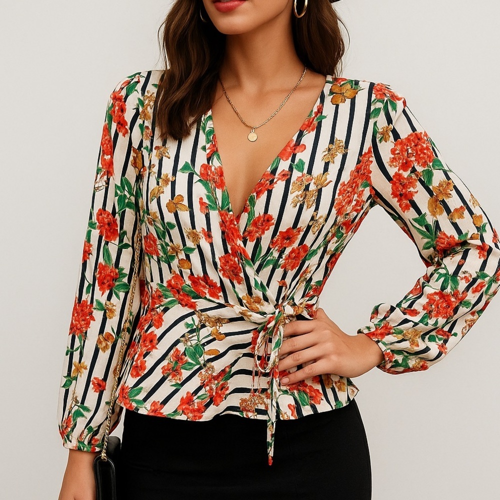 Zara Basic Floral Chiffon Wrap Top - image 1